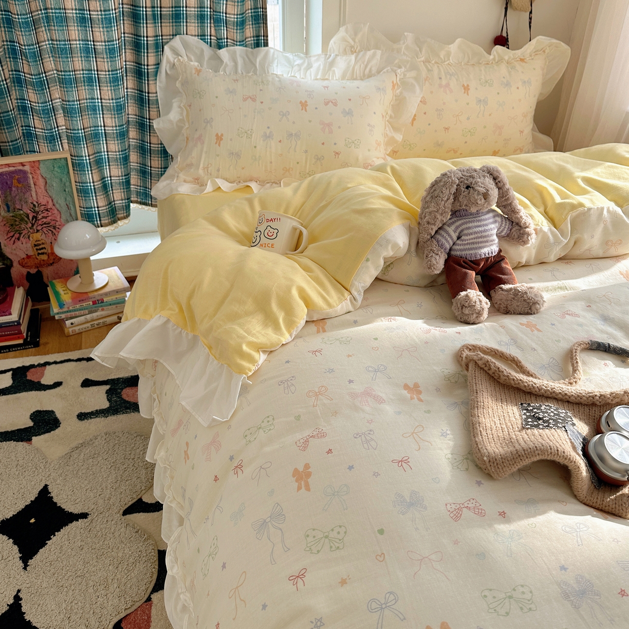 91家纺网 家纺一手货源 找家纺 丽涵家纺 2026新款法式立体花边全棉纯棉双层纱四件套 浪漫蝴蝶结