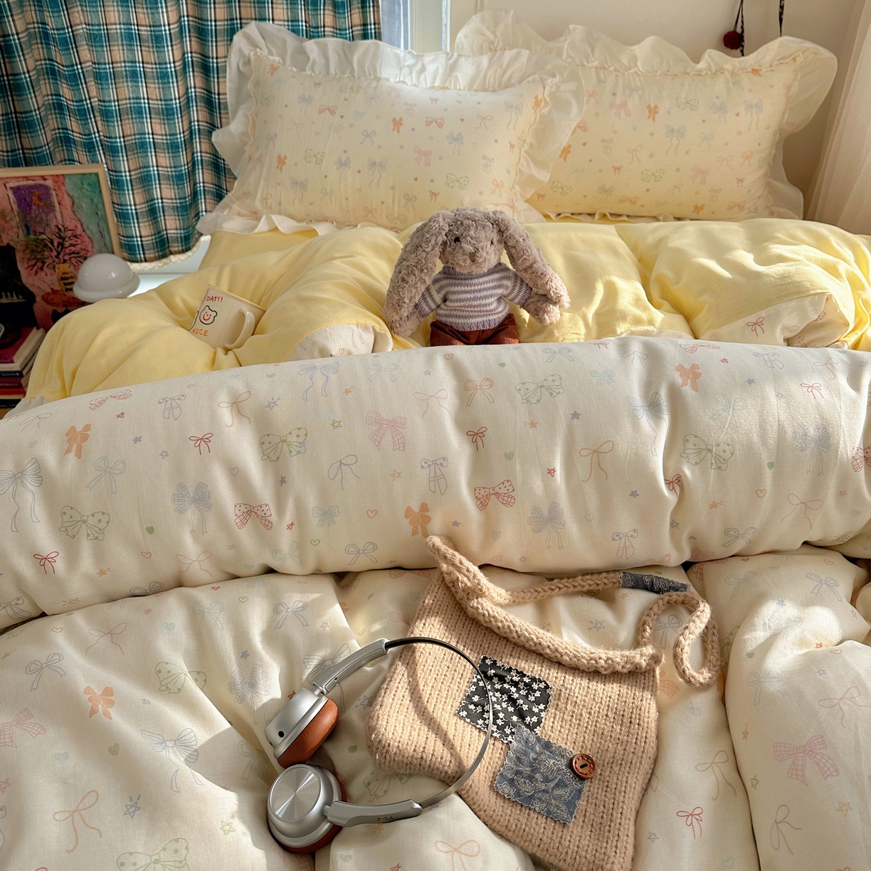 91家纺网 家纺一手货源 找家纺 丽涵家纺 2026新款法式立体花边全棉纯棉双层纱四件套 浪漫蝴蝶结