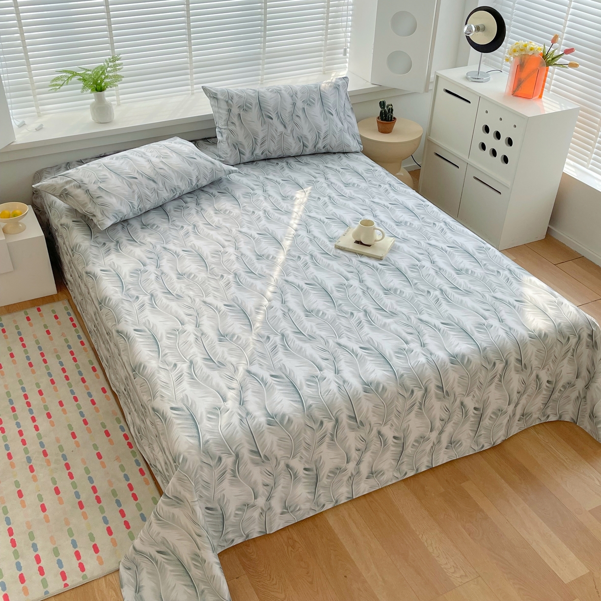 91家纺网 家纺一手货源 找家纺 爱彼家纺 2026春夏新款A类全棉纯棉老粗布凉席三件套席子床单-系列四 华夫格-羽毛-灰