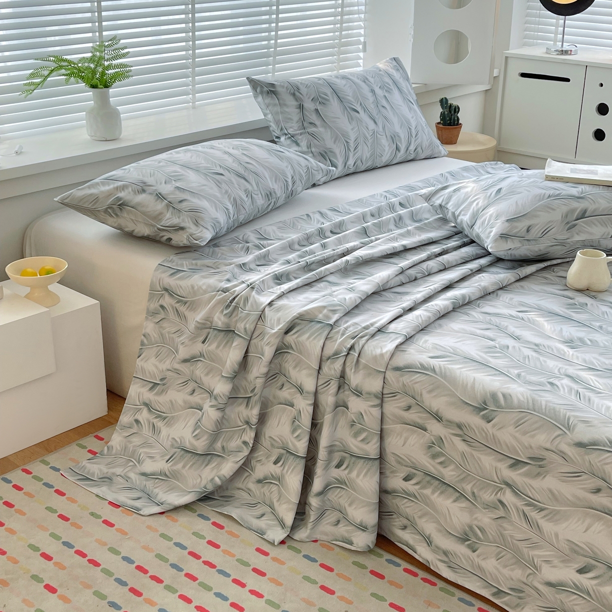 91家纺网 家纺一手货源 找家纺 爱彼家纺 2026春夏新款A类全棉纯棉老粗布凉席三件套席子床单-系列四 华夫格-羽毛-灰