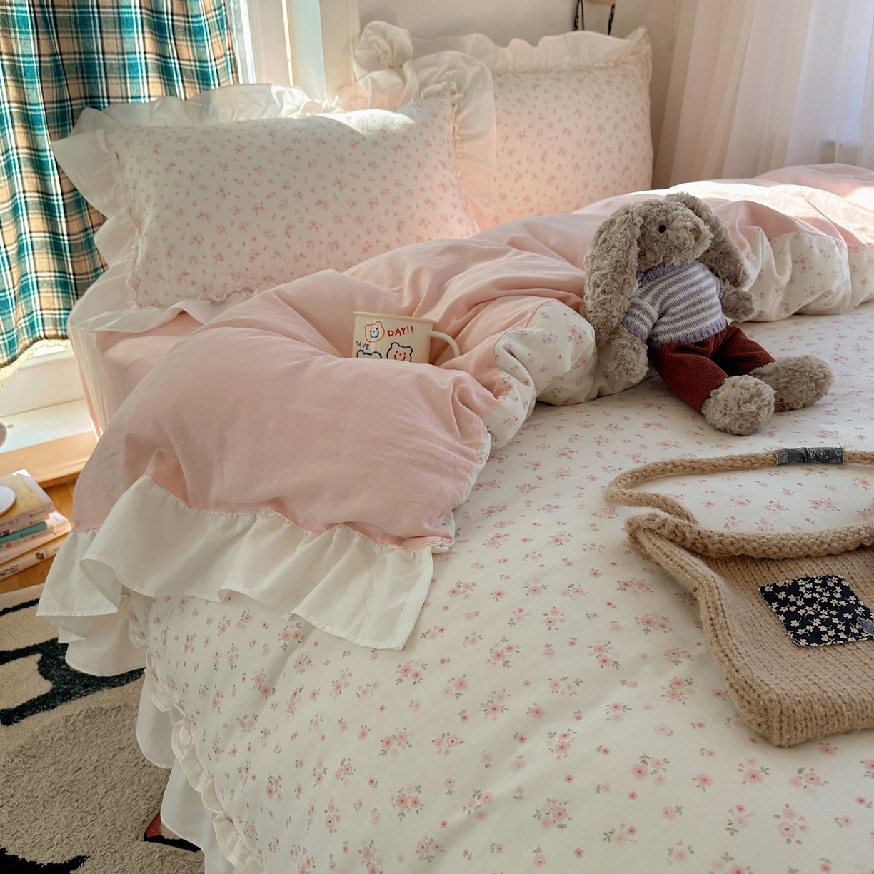 91家纺网 家纺一手货源 找家纺 丽涵家纺 2026新款法式立体花边全棉纯棉双层纱四件套 蔷薇之恋