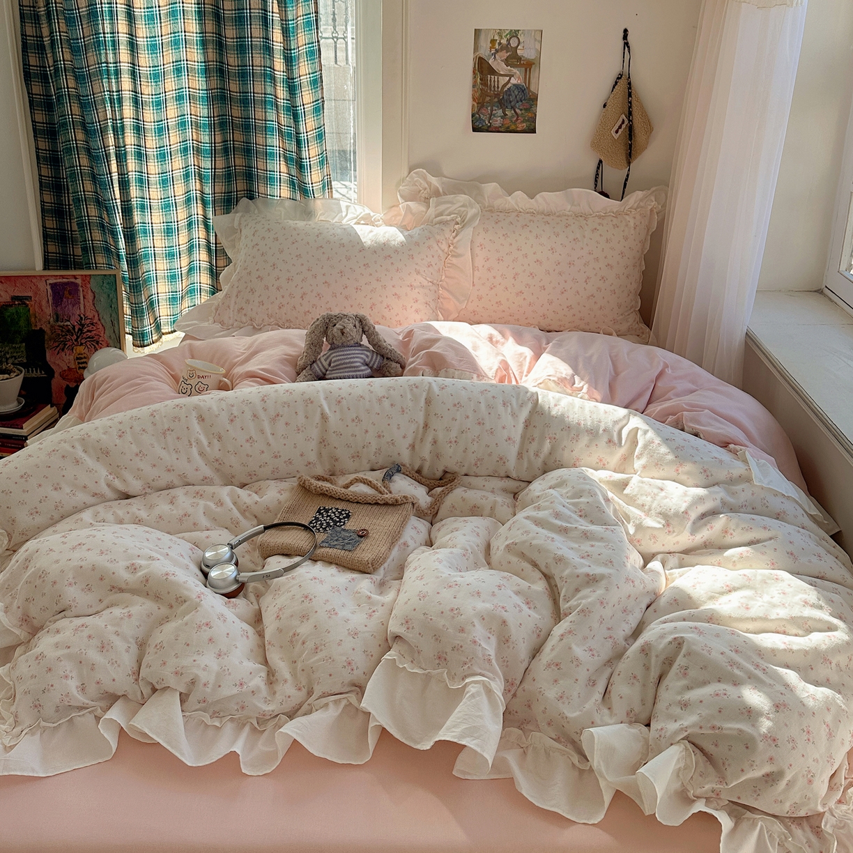 91家纺网 家纺一手货源 找家纺 丽涵家纺 2026新款法式立体花边全棉纯棉双层纱四件套 蔷薇之恋