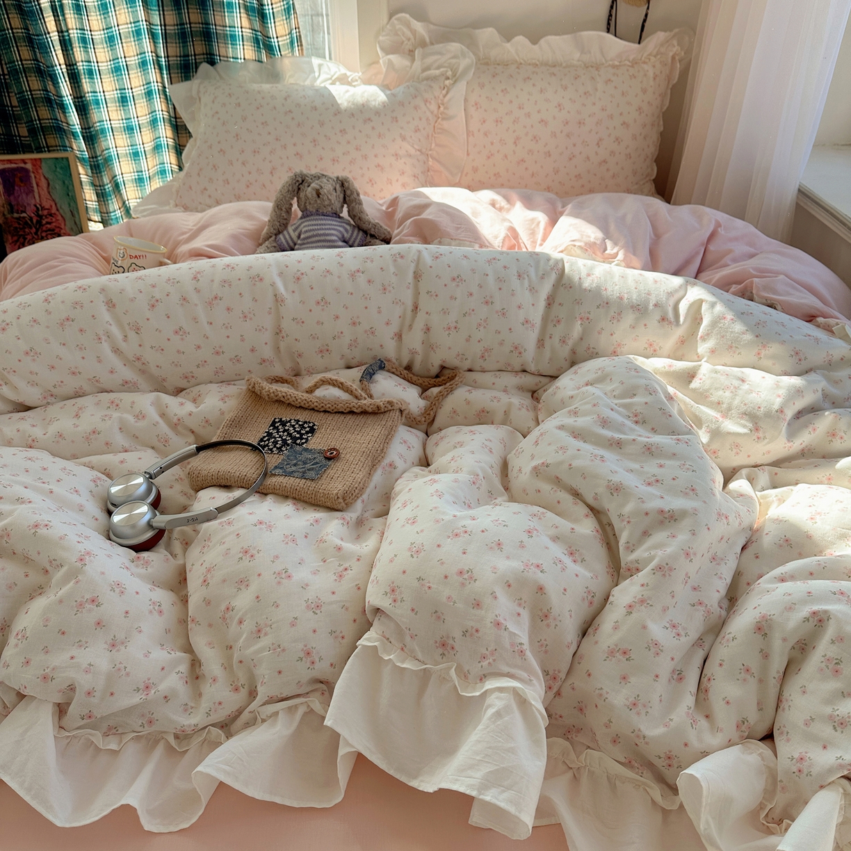 91家纺网 家纺一手货源 找家纺 丽涵家纺 2026新款法式立体花边全棉纯棉双层纱四件套 蔷薇之恋