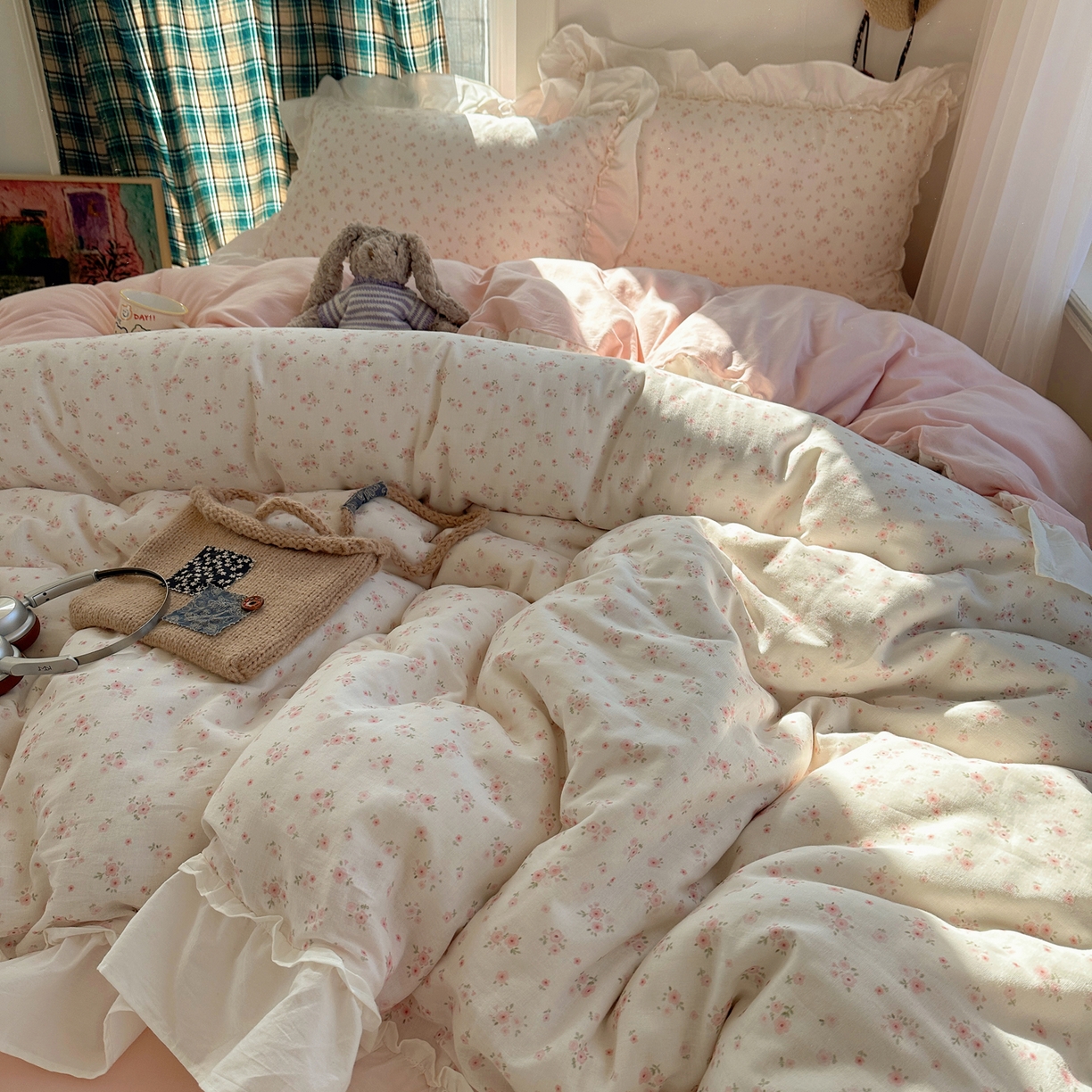 91家纺网 家纺一手货源 找家纺 丽涵家纺 2026新款法式立体花边全棉纯棉双层纱四件套 蔷薇之恋