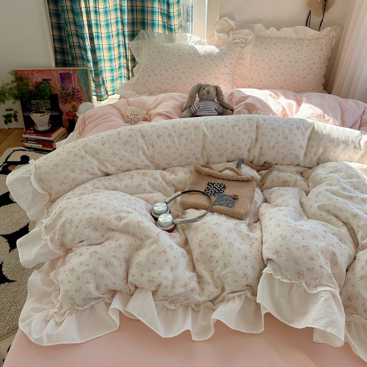 91家纺网 家纺一手货源 找家纺 丽涵家纺 2026新款法式立体花边全棉纯棉双层纱四件套 蔷薇之恋