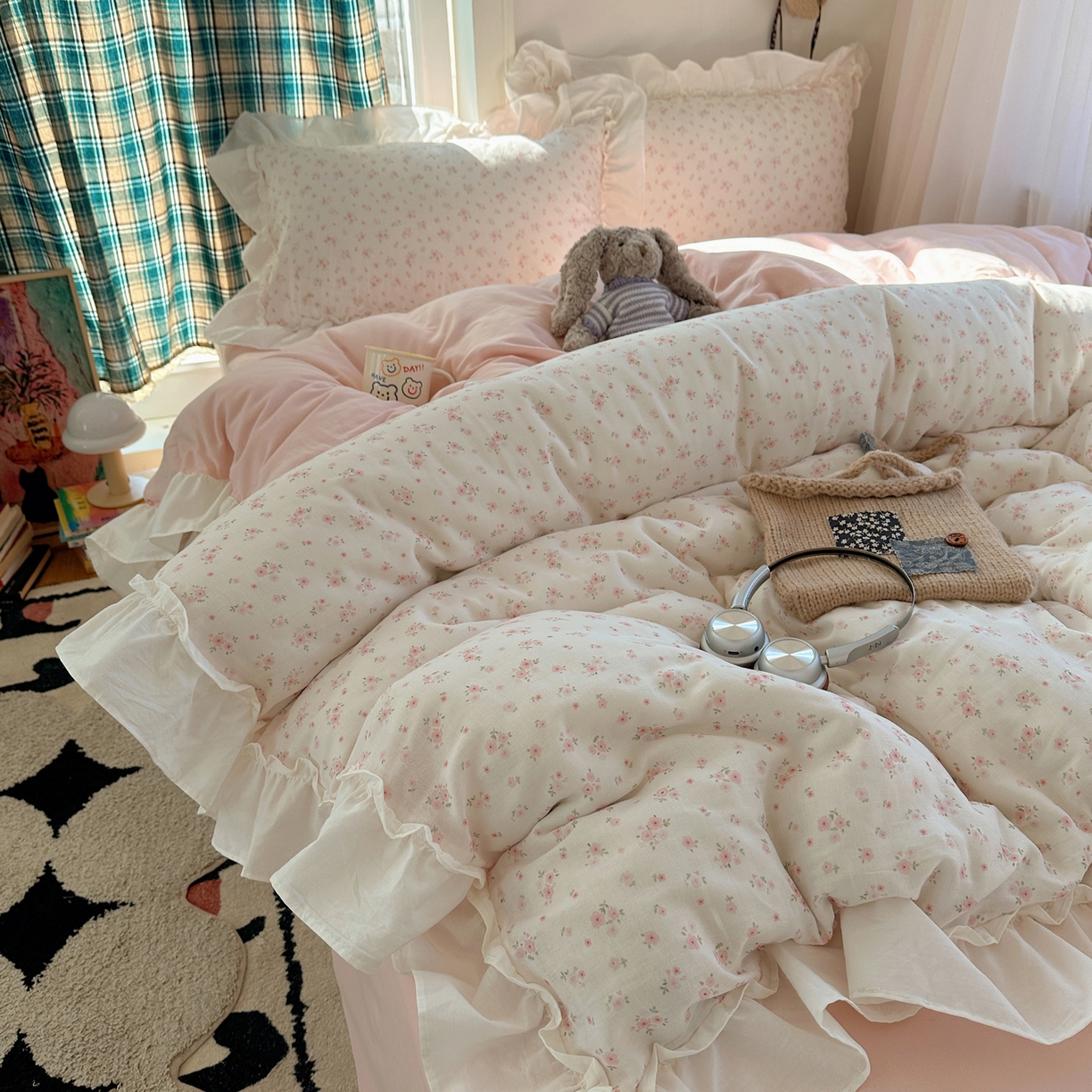 91家纺网 家纺一手货源 找家纺 丽涵家纺 2026新款法式立体花边全棉纯棉双层纱四件套 蔷薇之恋