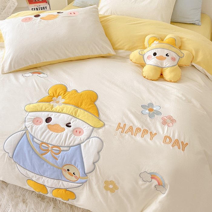 91家纺网 家纺一手货源 找家纺 涵宸家纺 2026新款全棉贴布绣小清新卡通系列四件套 快乐呀