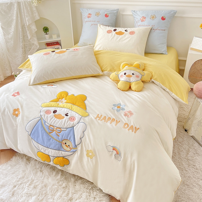 91家纺网 家纺一手货源 找家纺 涵宸家纺 2026新款全棉贴布绣小清新卡通系列四件套 快乐呀