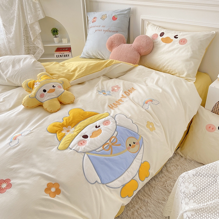 91家纺网 家纺一手货源 找家纺 涵宸家纺 2026新款全棉贴布绣小清新卡通系列四件套 快乐呀