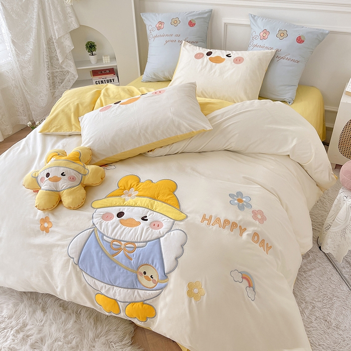 91家纺网 家纺一手货源 找家纺 涵宸家纺 2026新款全棉贴布绣小清新卡通系列四件套 快乐呀