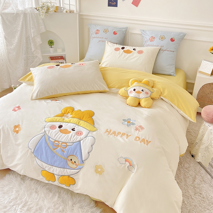 91家纺网 家纺一手货源 找家纺 涵宸家纺 2026新款全棉贴布绣小清新卡通系列四件套 快乐呀