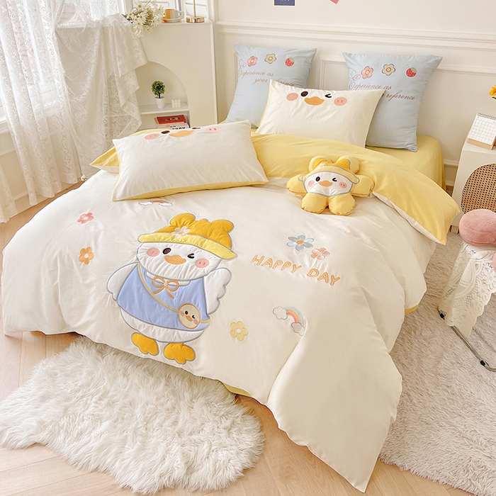 91家纺网 家纺一手货源 找家纺 涵宸家纺 2026新款全棉贴布绣小清新卡通系列四件套 快乐呀