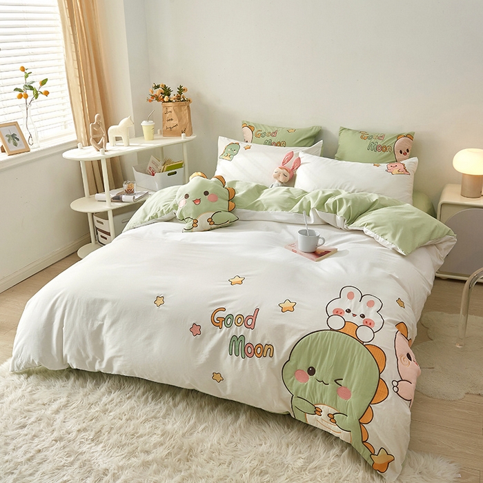 91家纺网 家纺一手货源 找家纺 涵宸家纺 2026新款全棉贴布绣小清新卡通系列四件套 萌龙