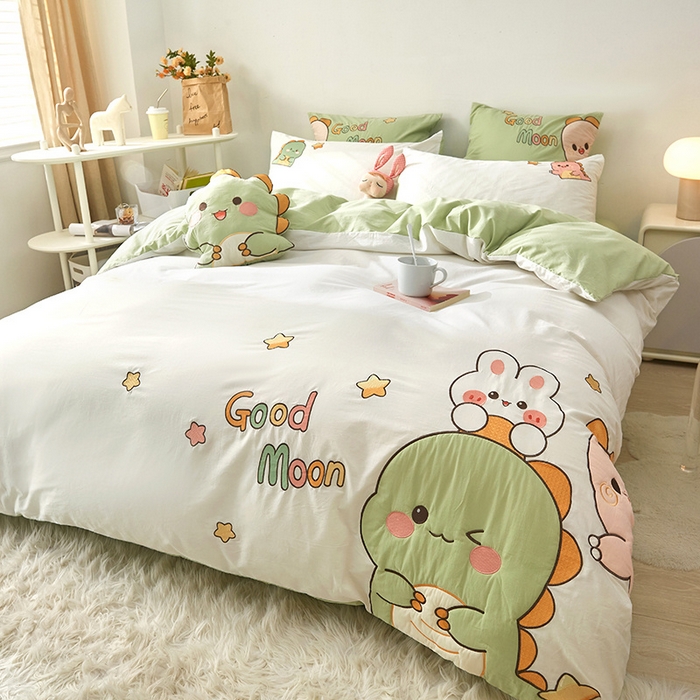 91家纺网 家纺一手货源 找家纺 涵宸家纺 2026新款全棉贴布绣小清新卡通系列四件套 萌龙