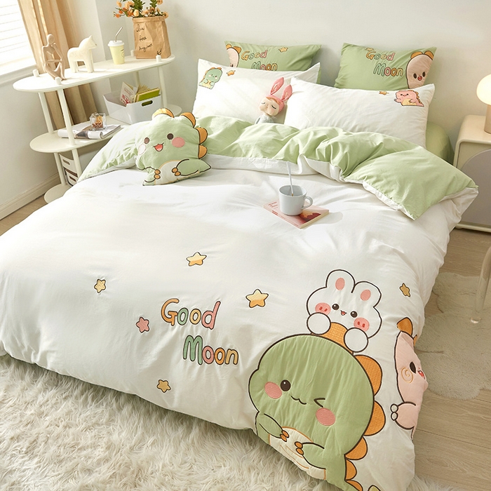 91家纺网 家纺一手货源 找家纺 涵宸家纺 2026新款全棉贴布绣小清新卡通系列四件套 萌龙