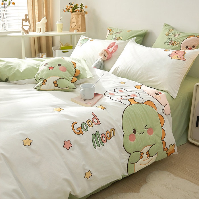 91家纺网 家纺一手货源 找家纺 涵宸家纺 2026新款全棉贴布绣小清新卡通系列四件套 萌龙