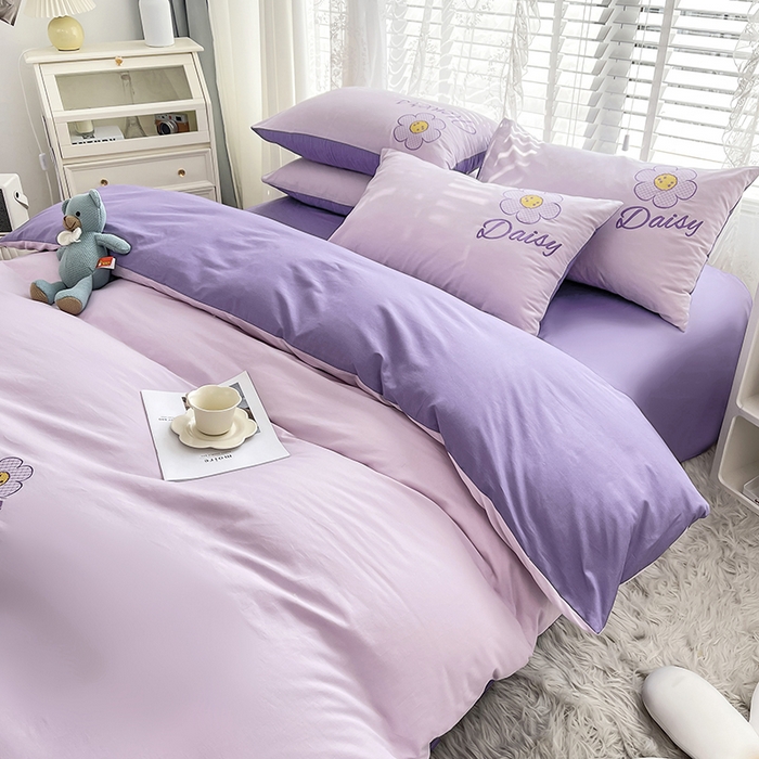 91家纺网 家纺一手货源 找家纺 涵宸家纺 2026新款全棉贴布绣小清新卡通系列四件套 优雅紫