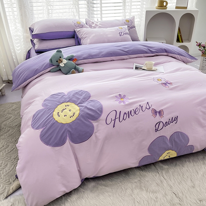 91家纺网 家纺一手货源 找家纺 涵宸家纺 2026新款全棉贴布绣小清新卡通系列四件套 优雅紫