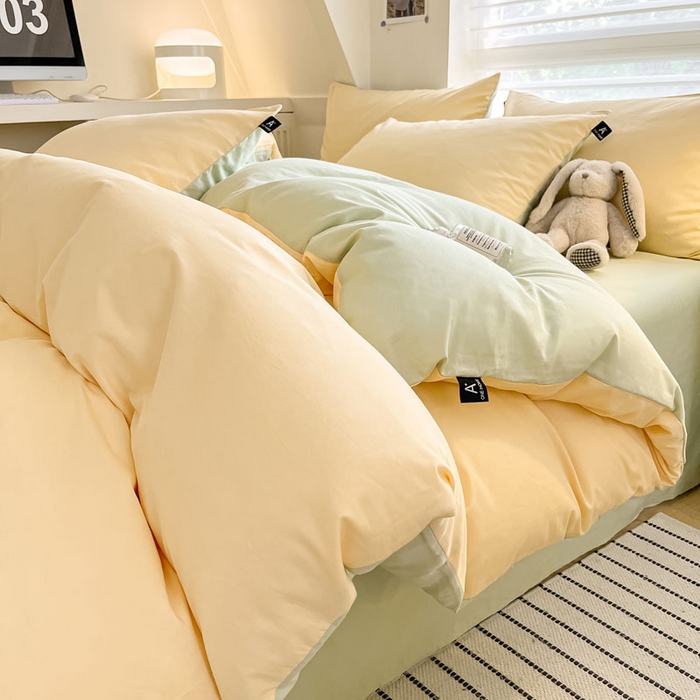 91家纺网 家纺一手货源 找家纺 涵宸家纺 2026新款全棉纯色四件套-米兰-场景一 米兰-浅黄+月光绿