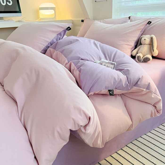 91家纺网 家纺一手货源 找家纺 涵宸家纺 2026新款全棉纯色四件套-米兰-场景一 米兰-优雅紫+青紫