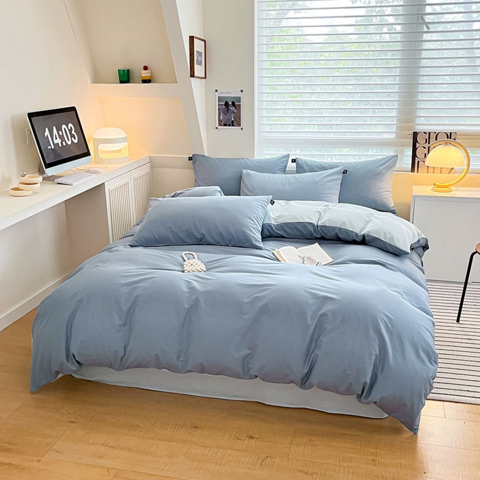 91家纺网 家纺一手货源 找家纺 涵宸家纺 2026新款全棉纯色四件套-米兰-场景一 米兰-湖兰+晨雾兰