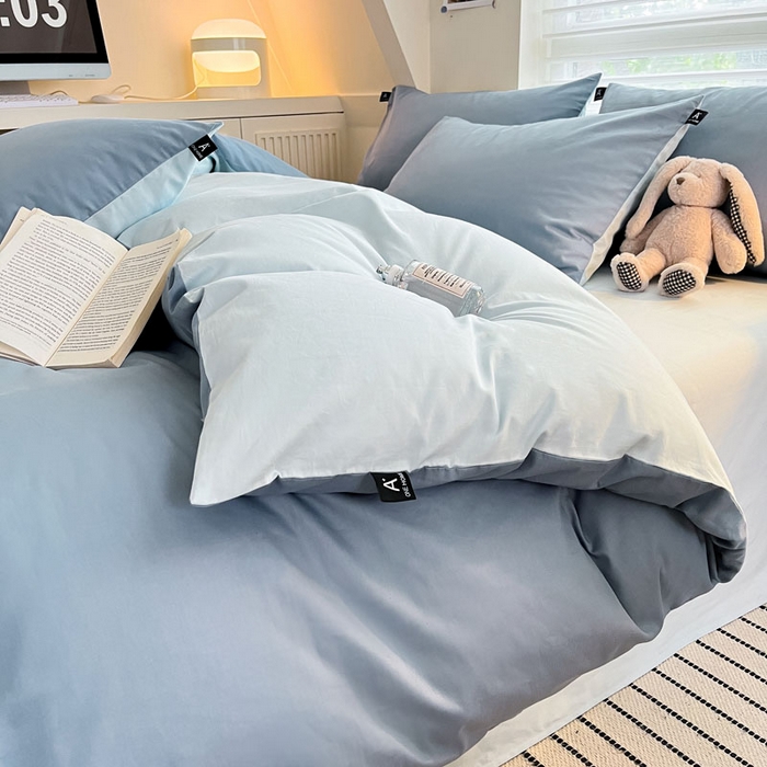 91家纺网 家纺一手货源 找家纺 涵宸家纺 2026新款全棉纯色四件套-米兰-场景一 米兰-湖兰+晨雾兰