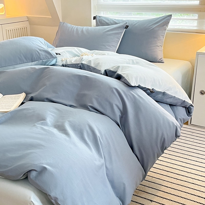 91家纺网 家纺一手货源 找家纺 涵宸家纺 2026新款全棉纯色四件套-米兰-场景一 米兰-湖兰+晨雾兰