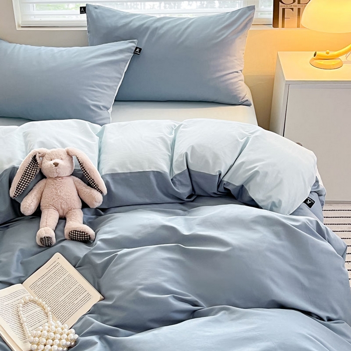 91家纺网 家纺一手货源 找家纺 涵宸家纺 2026新款全棉纯色四件套-米兰-场景一 米兰-湖兰+晨雾兰