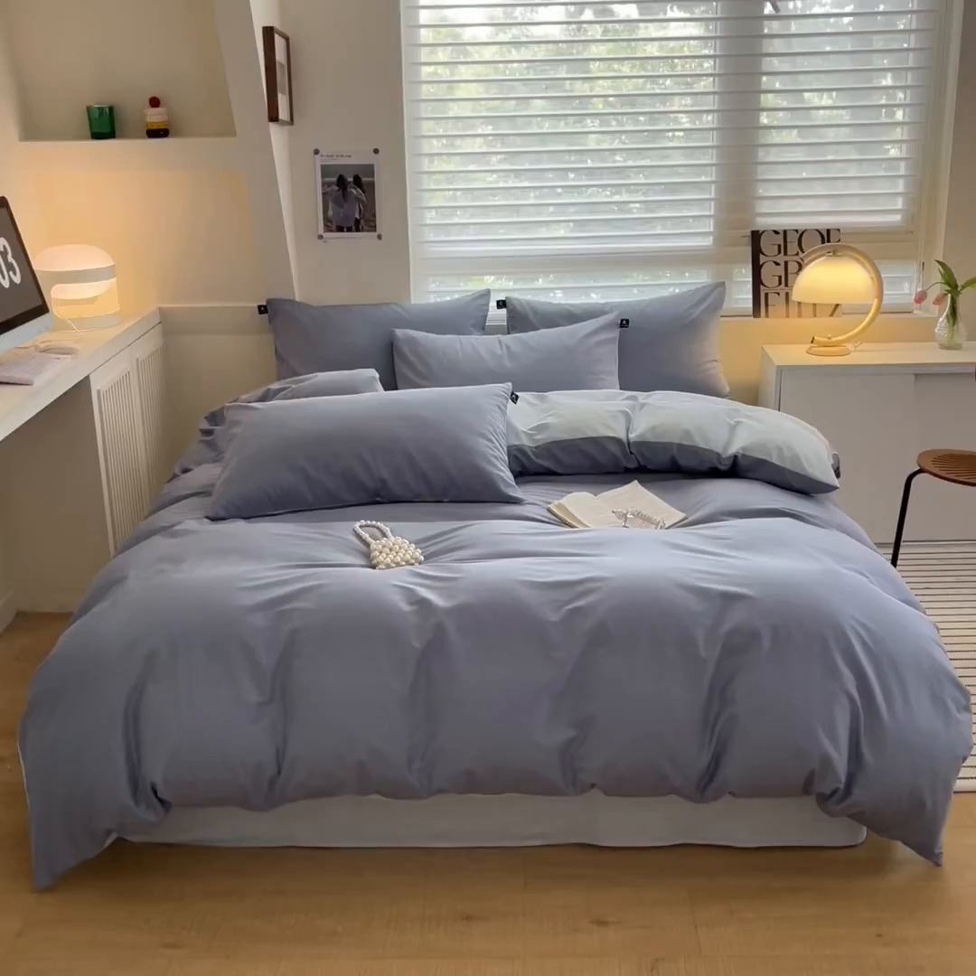 91家纺网 家纺一手货源 找家纺 涵宸家纺 2026新款全棉纯色四件套-米兰-场景一 米兰-湖兰+晨雾兰