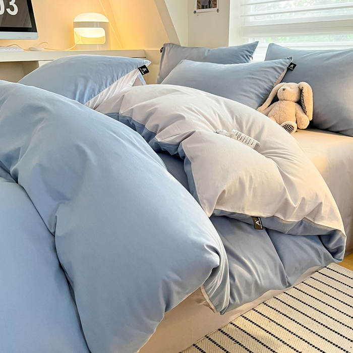 涵宸家纺 2026新款全棉纯色四件套-米兰-场景一 米兰-湖兰+梧桐灰