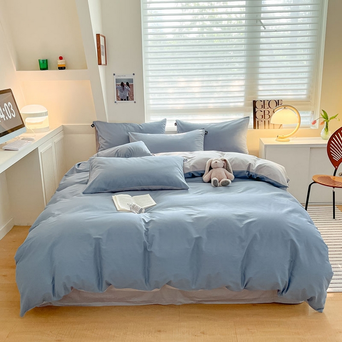 91家纺网 家纺一手货源 找家纺 涵宸家纺 2026新款全棉纯色四件套-米兰-场景一 米兰-湖兰+梧桐灰