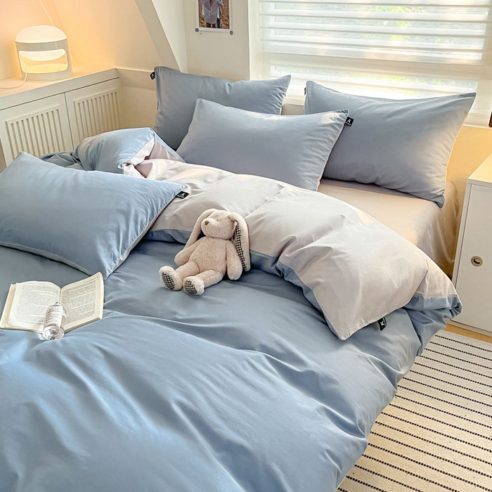 91家纺网 家纺一手货源 找家纺 涵宸家纺 2026新款全棉纯色四件套-米兰-场景一 米兰-湖兰+梧桐灰