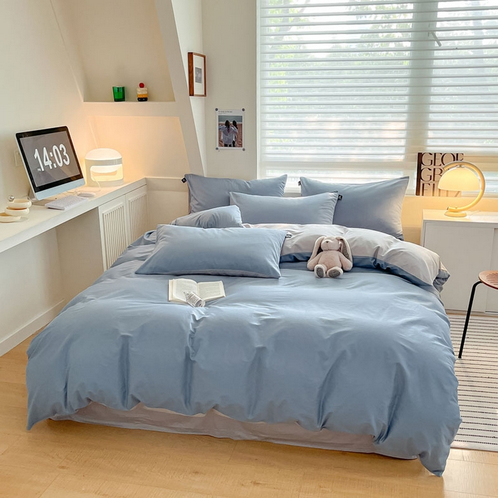 91家纺网 家纺一手货源 找家纺 涵宸家纺 2026新款全棉纯色四件套-米兰-场景一 米兰-湖兰+梧桐灰