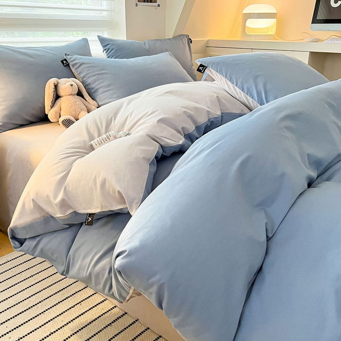 91家纺网 家纺一手货源 找家纺 涵宸家纺 2026新款全棉纯色四件套-米兰-场景一 米兰-湖兰+梧桐灰