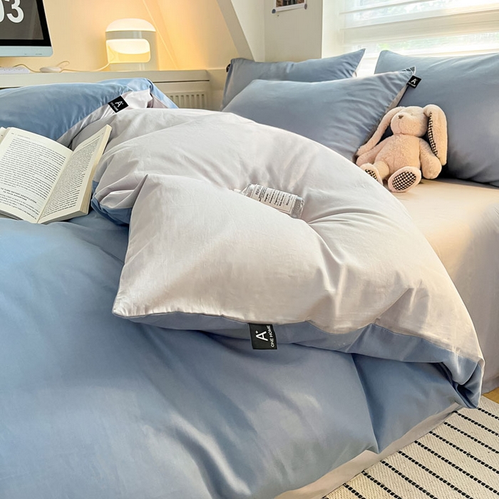 91家纺网 家纺一手货源 找家纺 涵宸家纺 2026新款全棉纯色四件套-米兰-场景一 米兰-湖兰+梧桐灰