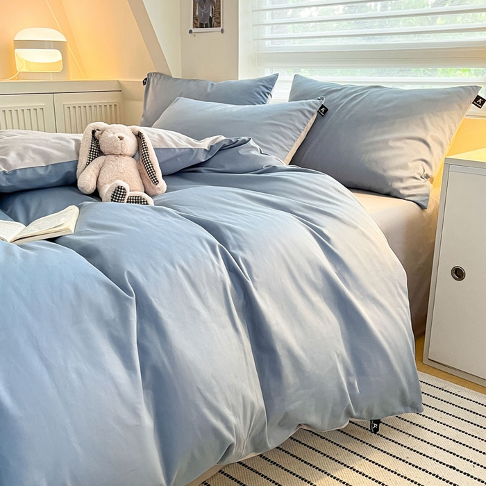 91家纺网 家纺一手货源 找家纺 涵宸家纺 2026新款全棉纯色四件套-米兰-场景一 米兰-湖兰+梧桐灰