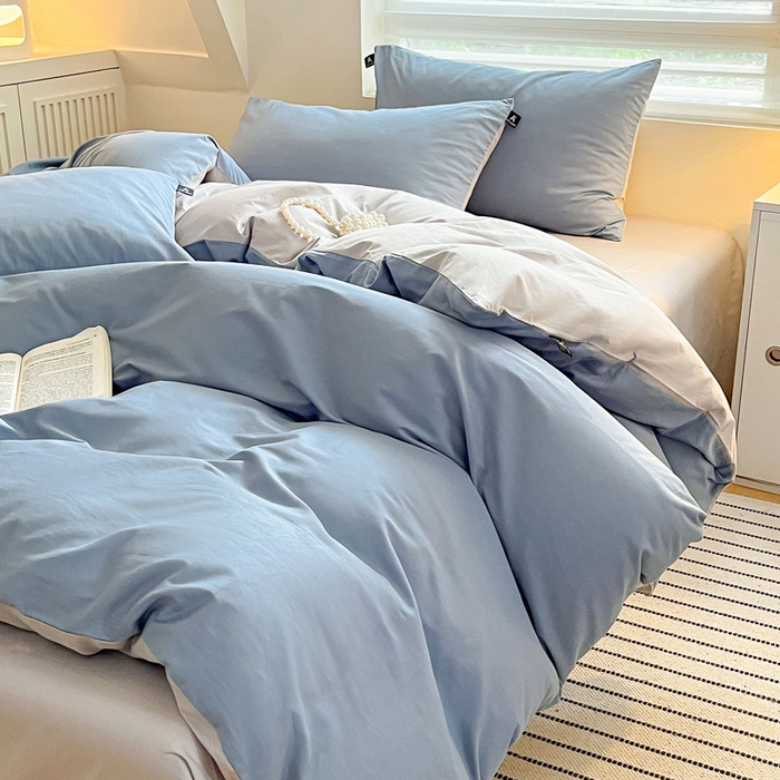 91家纺网 家纺一手货源 找家纺 涵宸家纺 2026新款全棉纯色四件套-米兰-场景一 米兰-湖兰+梧桐灰