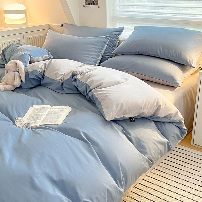 91家纺网 家纺一手货源 找家纺 涵宸家纺 2026新款全棉纯色四件套-米兰-场景一 米兰-湖兰+梧桐灰