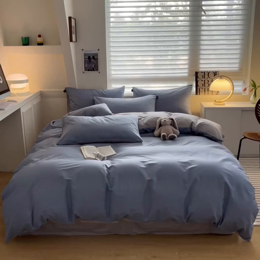 91家纺网 家纺一手货源 找家纺 涵宸家纺 2026新款全棉纯色四件套-米兰-场景一 米兰-湖兰+梧桐灰