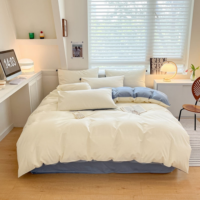 91家纺网 家纺一手货源 找家纺 涵宸家纺 2026新款全棉纯色四件套-米兰-场景一 米兰-奶白+湖兰