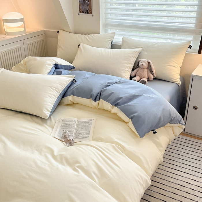 91家纺网 家纺一手货源 找家纺 涵宸家纺 2026新款全棉纯色四件套-米兰-场景一 米兰-奶白+湖兰