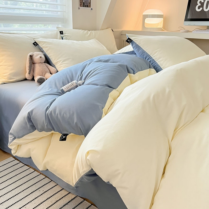 91家纺网 家纺一手货源 找家纺 涵宸家纺 2026新款全棉纯色四件套-米兰-场景一 米兰-奶白+湖兰