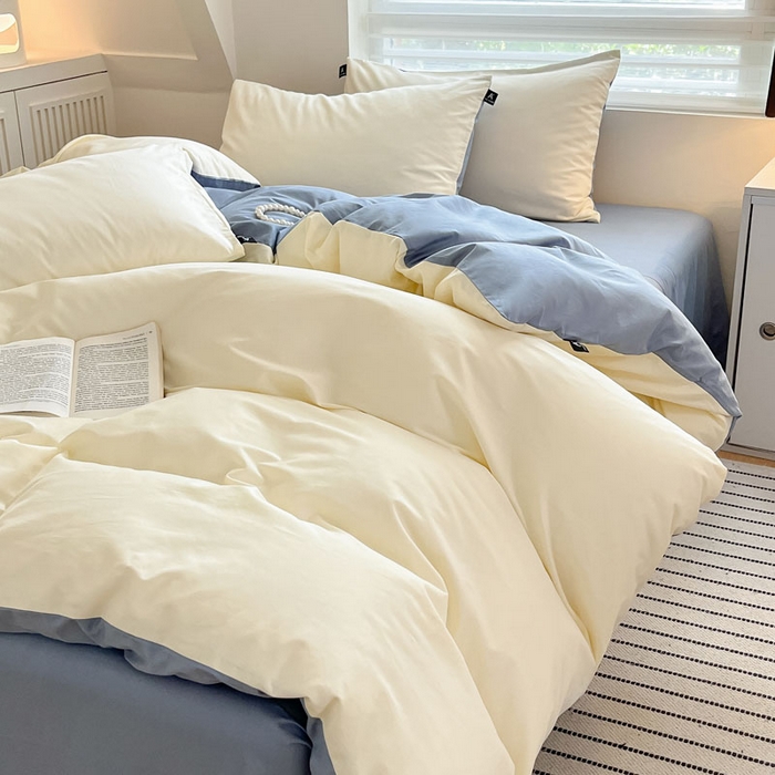 91家纺网 家纺一手货源 找家纺 涵宸家纺 2026新款全棉纯色四件套-米兰-场景一 米兰-奶白+湖兰