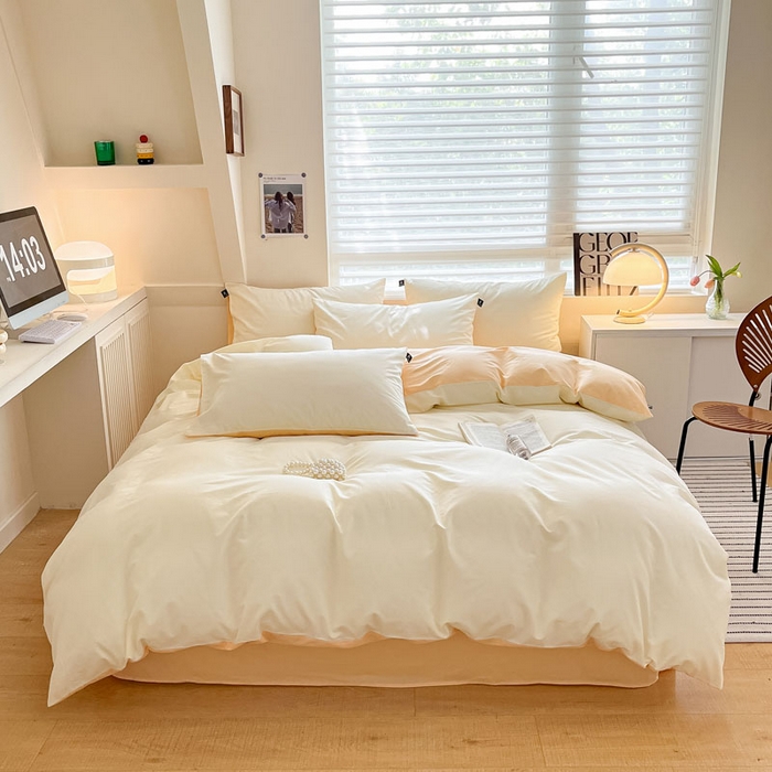 91家纺网 家纺一手货源 找家纺 涵宸家纺 2026新款全棉纯色四件套-米兰-场景一 米兰-奶白+浅黄