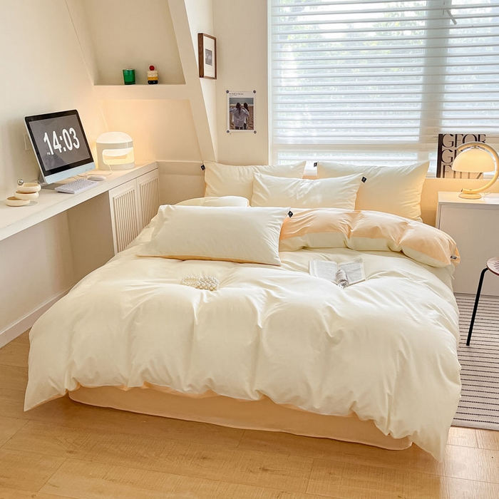 91家纺网 家纺一手货源 找家纺 涵宸家纺 2026新款全棉纯色四件套-米兰-场景一 米兰-奶白+浅黄