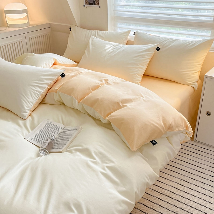 91家纺网 家纺一手货源 找家纺 涵宸家纺 2026新款全棉纯色四件套-米兰-场景一 米兰-奶白+浅黄