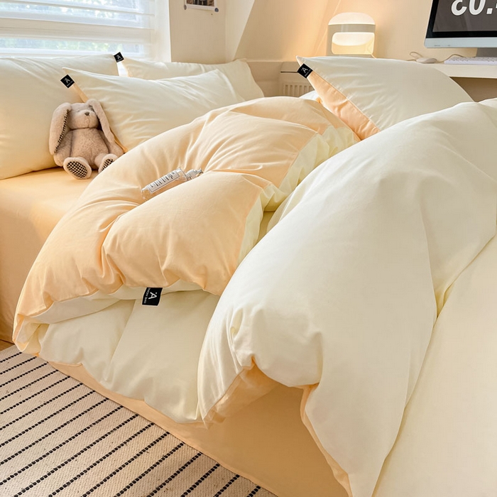 91家纺网 家纺一手货源 找家纺 涵宸家纺 2026新款全棉纯色四件套-米兰-场景一 米兰-奶白+浅黄