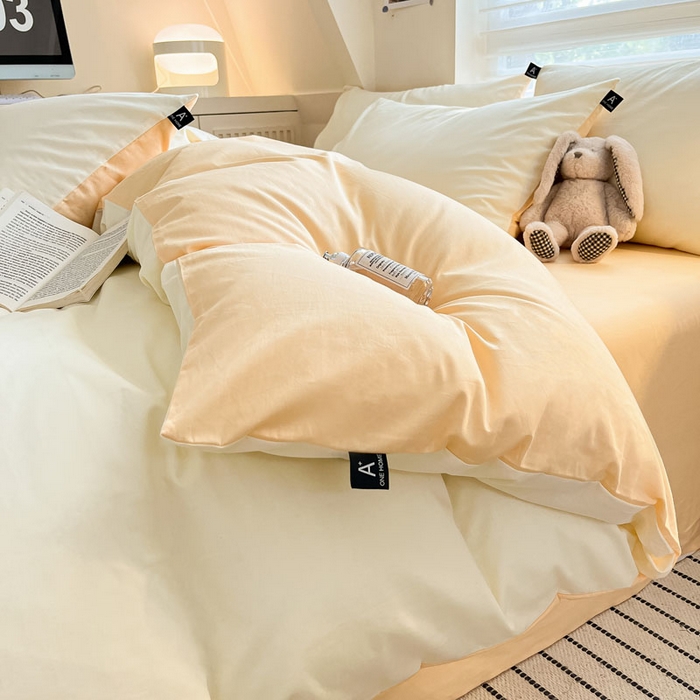 91家纺网 家纺一手货源 找家纺 涵宸家纺 2026新款全棉纯色四件套-米兰-场景一 米兰-奶白+浅黄