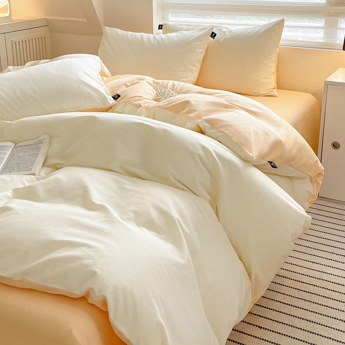 91家纺网 家纺一手货源 找家纺 涵宸家纺 2026新款全棉纯色四件套-米兰-场景一 米兰-奶白+浅黄