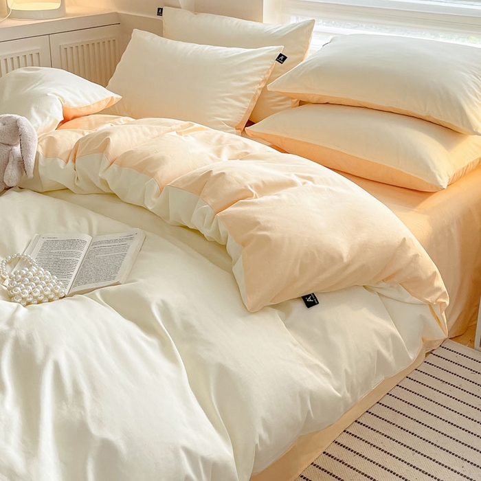 91家纺网 家纺一手货源 找家纺 涵宸家纺 2026新款全棉纯色四件套-米兰-场景一 米兰-奶白+浅黄